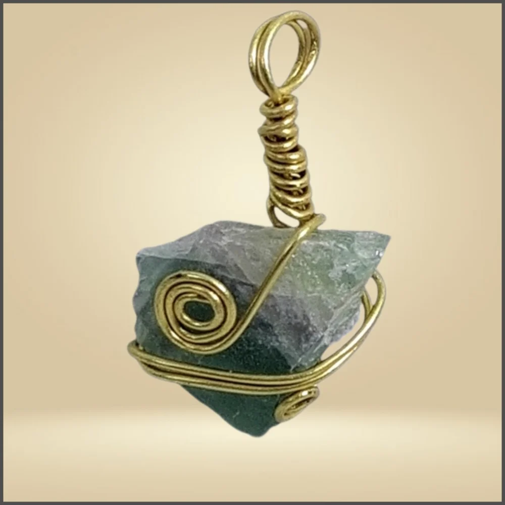 Raw Green Fluorite Gemstone Hand Wired Wrapped Pendant NWOT